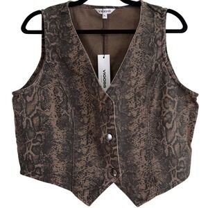 Vigoss‎ Brown Snakeskin Denim Vest Button Front Western Animal Print Womens XL